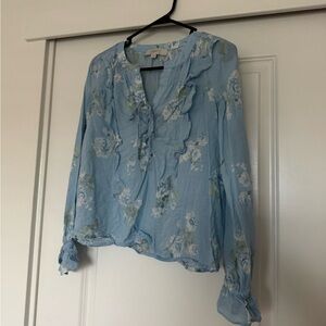 LOFT Blue Floral Ruffle Blouse